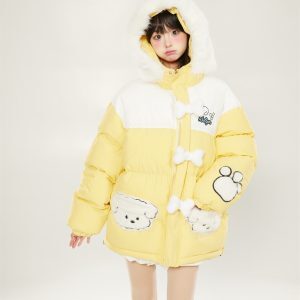 Fluffy Yellow Spliced Fur-Collared Hooded Cotton Coat for Women - Winter Korean Style Cute Trendy Jacket