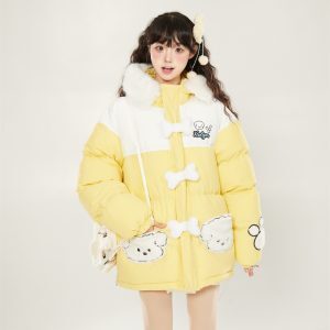 Fluffy Yellow Spliced Fur-Collared Hooded Cotton Coat for Women - Winter Korean Style Cute Trendy Jacket