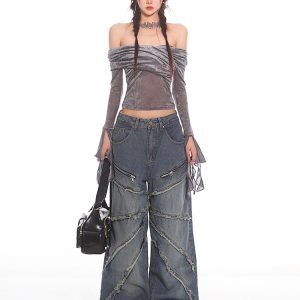 Frayed Loose Wide-Leg Jeans in Yellow Mud Tie-Dye - 2025 Summer Niche Design, Trendy Casual Fashion