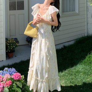 French Beige V-Neck Floral Dress for Women - Sleeveless Long Summer Dress with Unique Gentle Temperament Style