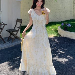 French Beige V-Neck Floral Dress for Women - Sleeveless Long Summer Dress with Unique Gentle Temperament Style
