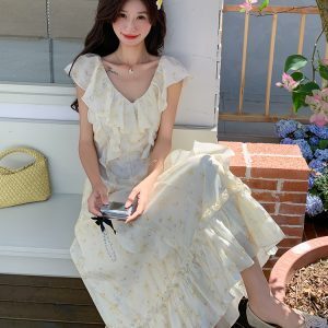 French Beige V-Neck Floral Dress for Women - Sleeveless Long Summer Dress with Unique Gentle Temperament Style