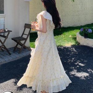 French Beige V-Neck Floral Dress for Women - Sleeveless Long Summer Dress with Unique Gentle Temperament Style