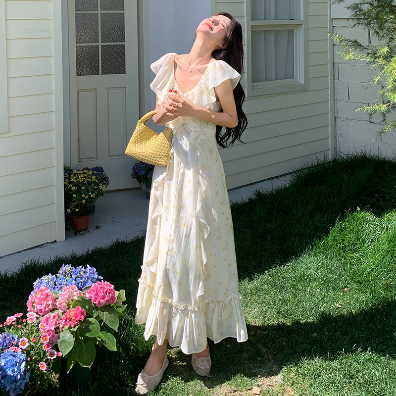 French Beige V-Neck Floral Dress for Women - Sleeveless Long Summer Dress with Unique Gentle Temperament Style