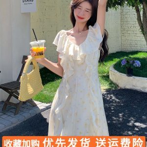 French Beige V-Neck Floral Dress for Women - Sleeveless Long Summer Dress with Unique Gentle Temperament Style