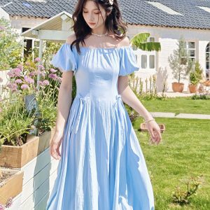 French Blue Puff Sleeve One-Shoulder Dress for Women - Unique Summer Long Dress with Gentle Temperament, Perfect for Tea Breaks and Events