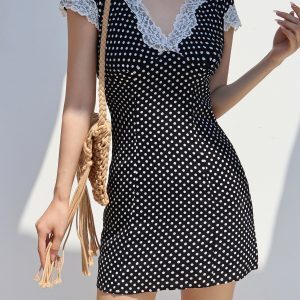 French Girl Country Lace Trim V-Neck Short Sleeve Retro Polka Dot Dress for Vacation - 90s Inspired Short Dress