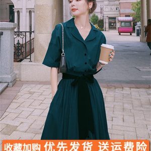 French Hepburn Style Dark Green Shirt Dress for Women - Waist-Cinching, Slimming Chiffon Long Dress, Summer 2025 Collection