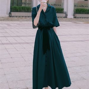 French Hepburn Style Dark Green Shirt Dress for Women - Waist-Cinching, Slimming Chiffon Long Dress, Summer 2025 Collection