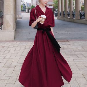 French Hepburn Style Dark Green Shirt Dress for Women - Waist-Cinching, Slimming Chiffon Long Dress, Summer 2025 Collection