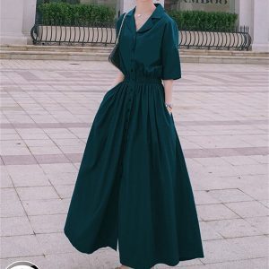 French Hepburn Style Dark Green Shirt Dress for Women - Waist-Cinching, Slimming Chiffon Long Dress, Summer 2025 Collection