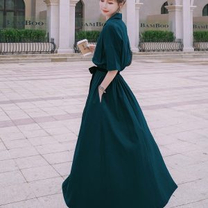 French Hepburn Style Dark Green Shirt Dress for Women - Waist-Cinching, Slimming Chiffon Long Dress, Summer 2025 Collection