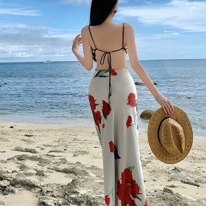 French High-End Satin Backless Spaghetti Strap Dress - Sexy Printed Vacation Beach Gown for Photoshoots