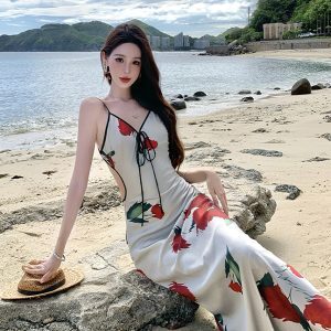 French High-End Satin Backless Spaghetti Strap Dress - Sexy Printed Vacation Beach Gown for Photoshoots