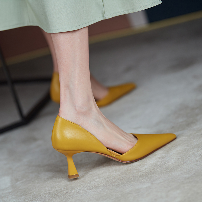 French Minimalist Genuine Leather Pointed Toe High Heels for Women - Hollow Shallow Mouth Thin Heel OL Shoes