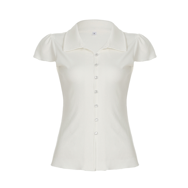 French Minimalist White Collar Pearl Button Short-Sleeve T-Shirt - Versatile Slim-Fit Split Waist Top for Effortless Style