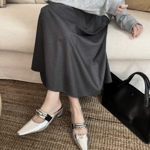 French Old Money Style Metal Buckle Mules for Women - Round Toe Half Slip-On Height-Increasing Shoes, Chic Square Toe Design