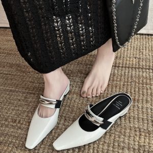 French Old Money Style Metal Buckle Mules for Women - Round Toe Half Slip-On Height-Increasing Shoes, Chic Square Toe Design