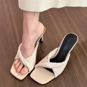 French Pleated Square Toe High Heel Sandals for Women - Summer One-Strap Design in Apricot and Black, Chic Thin Heels
