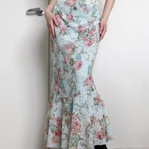 French Romantic Floral Jacquard Lace Midi Skirt – Women's Slim Sexy Mermaid Bodycon Long Skirt, Perfect for Y2K and Date Night Fashion