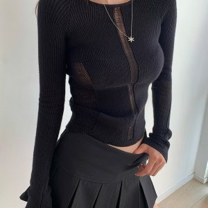 French Round Neck Hollow Out Ribbed Slim Fit Long Sleeve Knitted Top - Sexy Y2K Style Base Layer for Effortless Chic Looks