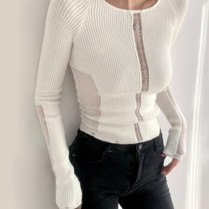 French Round Neck Hollow Out Ribbed Slim Fit Long Sleeve Knitted Top - Sexy Y2K Style Base Layer for Effortless Chic Looks