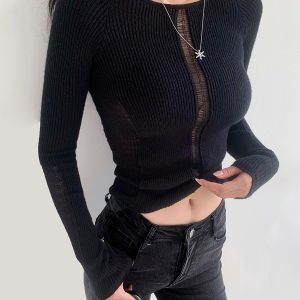 French Round Neck Hollow Out Ribbed Slim Fit Long Sleeve Knitted Top - Sexy Y2K Style Base Layer for Effortless Chic Looks
