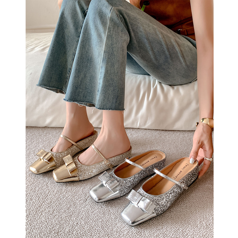 French Sequined Bow Square-Toe High-Heeled Mary Jane Slippers with Matching Skirt - Elegant Women’s Fashion