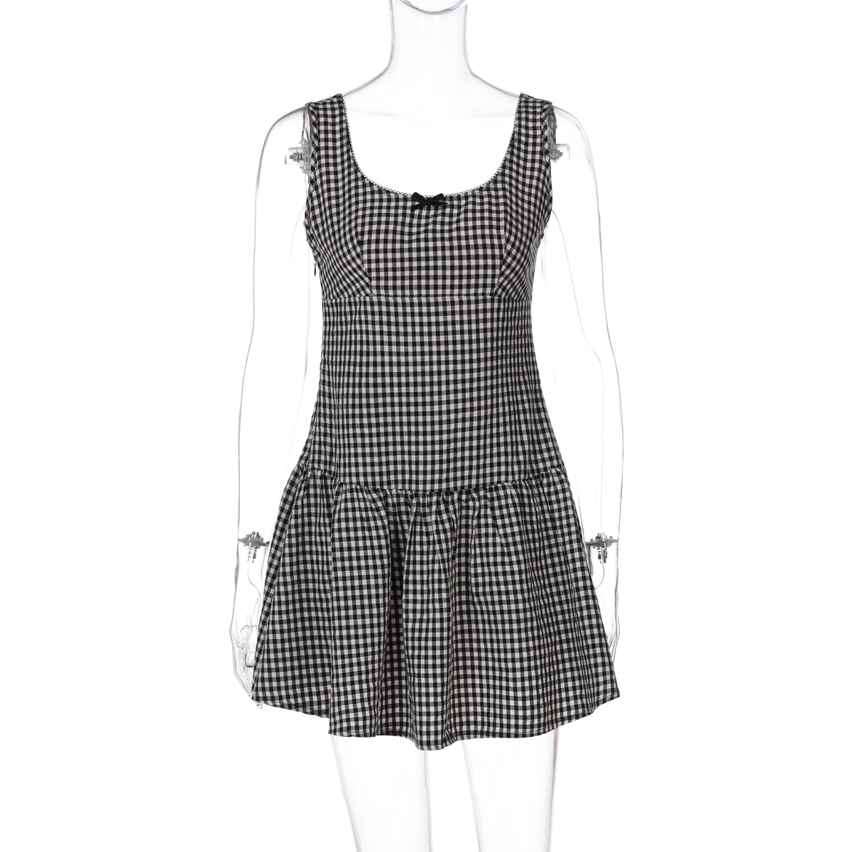 French Square Neck Plaid Tie-Up Camisole Dress with Side Invisible Zipper and Fitted A-Line Skirt - Y2K Style Fashion