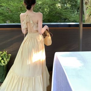 French-Style Backless Ruffle Dress - Ultra-Fairy Long Skirt for Seaside Vacation & High-End Photo Shoots - Elegant Summer Fashion