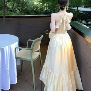 French-Style Backless Ruffle Dress - Ultra-Fairy Long Skirt for Seaside Vacation & High-End Photo Shoots - Elegant Summer Fashion