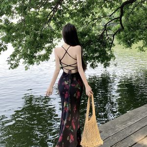French-Style Backless Tie V-Neck Spaghetti Strap Dress for Women - Sexy Printed Summer Beach Vacation Maxi Dress