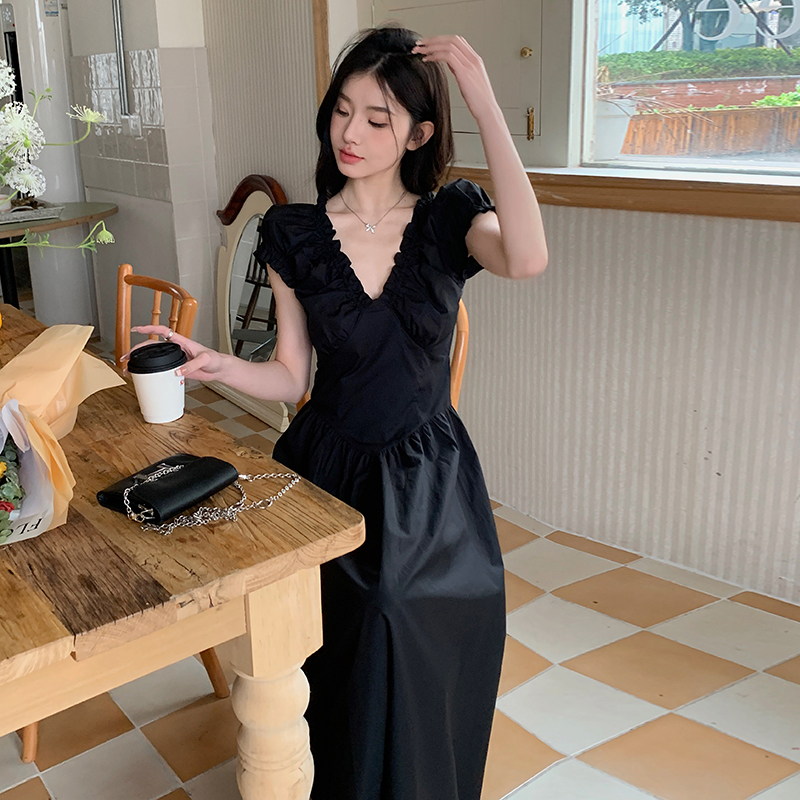 French-Style Black V-Neck Dress for Women - Summer 2025, Waist-Cinching, High-End Long Dress, Unique Fashion Statement