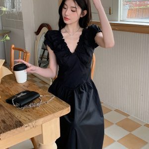 French-Style Black V-Neck Dress for Women - Summer 2025, Waist-Cinching, High-End Long Dress, Unique Fashion Statement