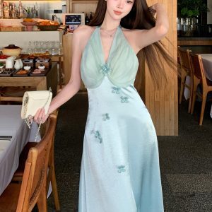 French-Style Blue Floral Satin Halter Dress - Summer Vacation Fairy Gown for Women, Elegant Long Dress for Banquets and Events