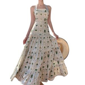French-style Floral Backless Sleeveless Halter Dress for Women - Sweet Temperament Long Summer Vacation Dress