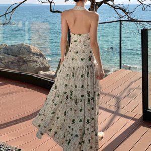 French-style Floral Backless Sleeveless Halter Dress for Women - Sweet Temperament Long Summer Vacation Dress