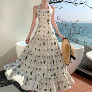French-style Floral Backless Sleeveless Halter Dress for Women - Sweet Temperament Long Summer Vacation Dress