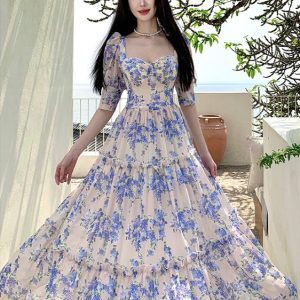 French-Style Floral Dress for Women - Fairy Princess Long Skirt for Summer Seaside Vacation, Perfect for Bali and Photo Shoots