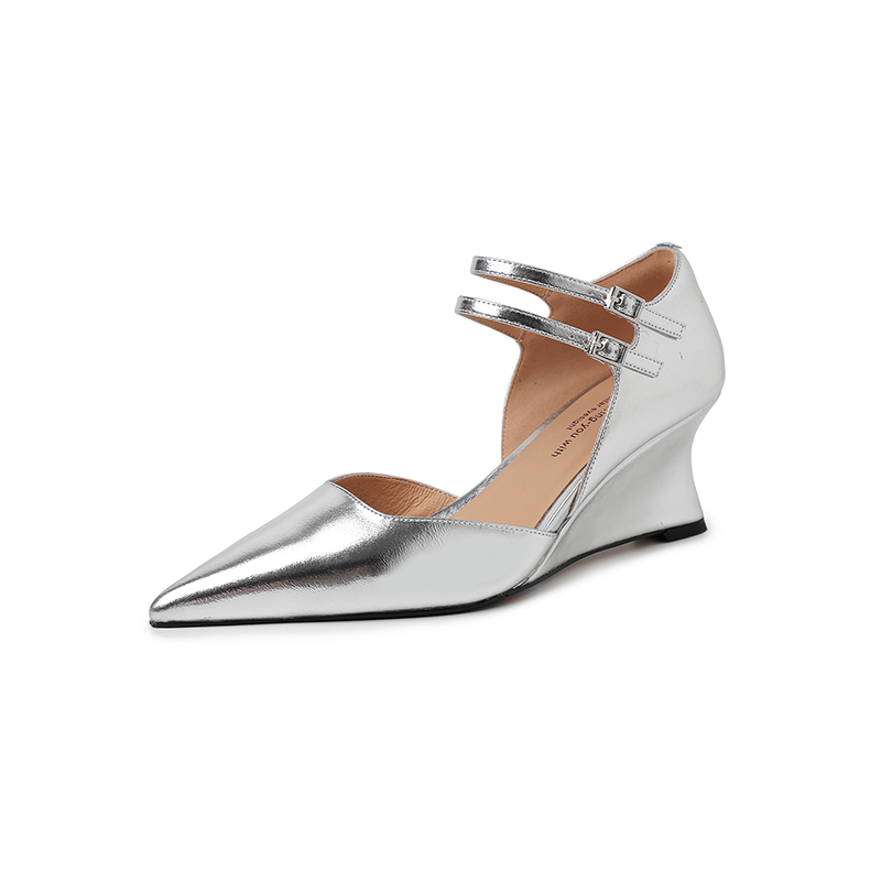 French-style Genuine Leather Double-Buckle Mary Jane Wedge High-Heeled Sandals for Women, Comfortable Pointed-Toe Design
