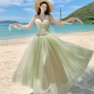 French-Style Green Mesh Spaghetti Strap Dress for Women - Summer Seaside Vacation Long Skirt, Perfect for Stunning Photos