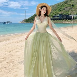French-Style Green Mesh Spaghetti Strap Dress for Women - Summer Seaside Vacation Long Skirt, Perfect for Stunning Photos