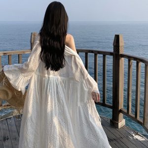 French-Style Heavy Embroidery Hollowed-Out Bell Sleeve Cardigan for Women - White Super Fairy Dress for Seaside Vacation