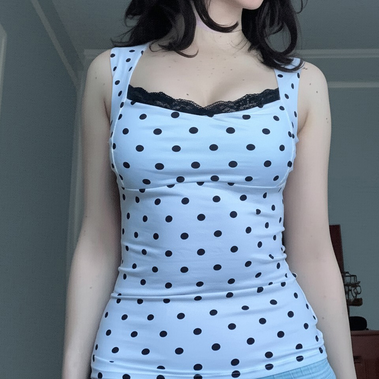 French-Style Lace Splicing Square Neck Polka Dot Vest Top - Fitted Women's Chest Design, Trendy Y2K Fashion