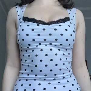 French-Style Lace Splicing Square Neck Polka Dot Vest Top - Fitted Women's Chest Design, Trendy Y2K Fashion
