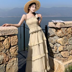 French-Style Lace-Trimmed Camisole Top & Long Skirt Two-Piece Set for Women - Seaside Vacation Fashion