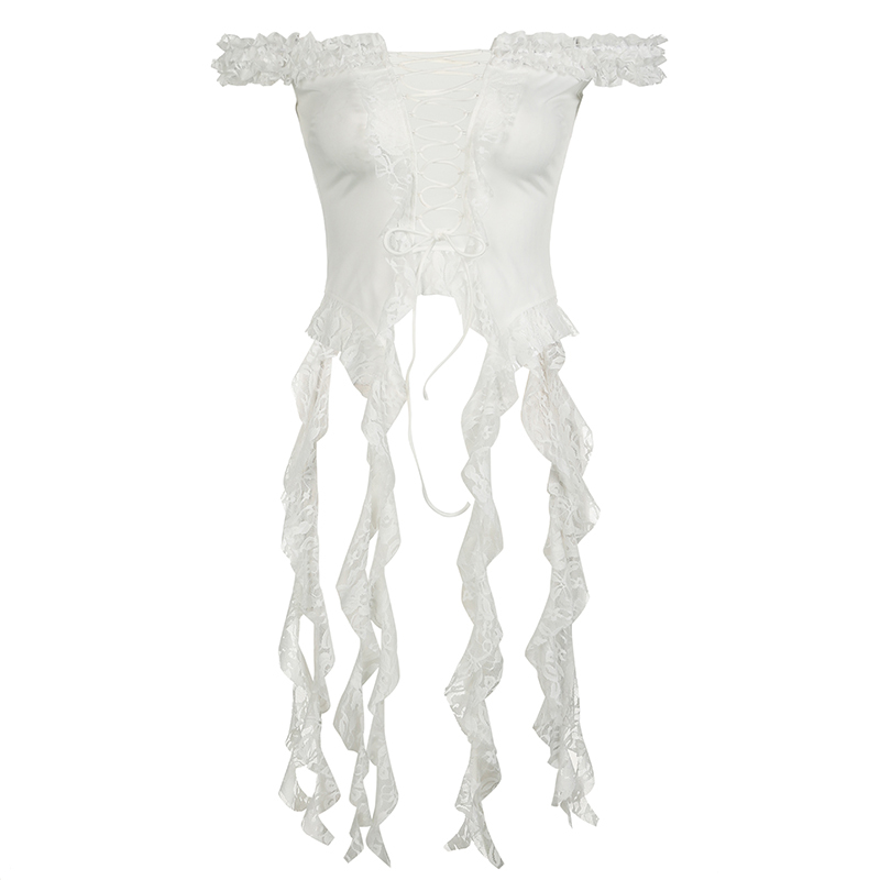 French-Style One-Shoulder Lace Ribbon Floral Edge T-Shirt - Versatile Sexy Split Top for Vacation and Hot Girl Looks