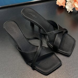 French Style Open-Toe Square-Toe Slippers for Women - Summer One-Strap Thin High Heels, Trendy 2025 Fashion Footwear