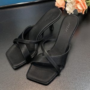 French Style Open-Toe Square-Toe Slippers for Women - Summer One-Strap Thin High Heels, Trendy 2025 Fashion Footwear