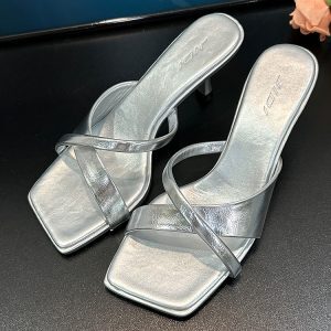 French Style Open-Toe Square-Toe Slippers for Women - Summer One-Strap Thin High Heels, Trendy 2025 Fashion Footwear